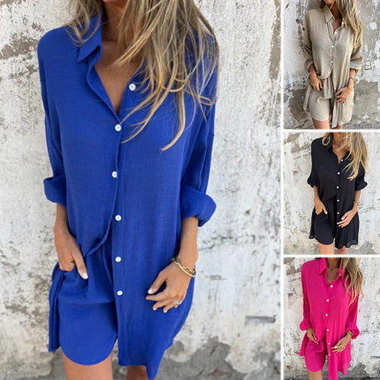 ✨Most Comfortable✨Women's Casual Long Sleeve Shirt & Shorts Two-Piece Set