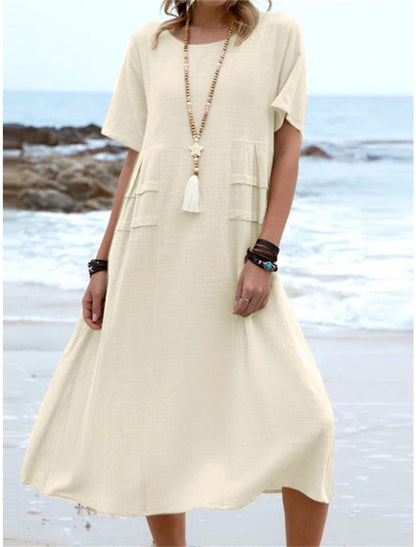 💃Women's Round Neck Cotton Linen Midi Dress